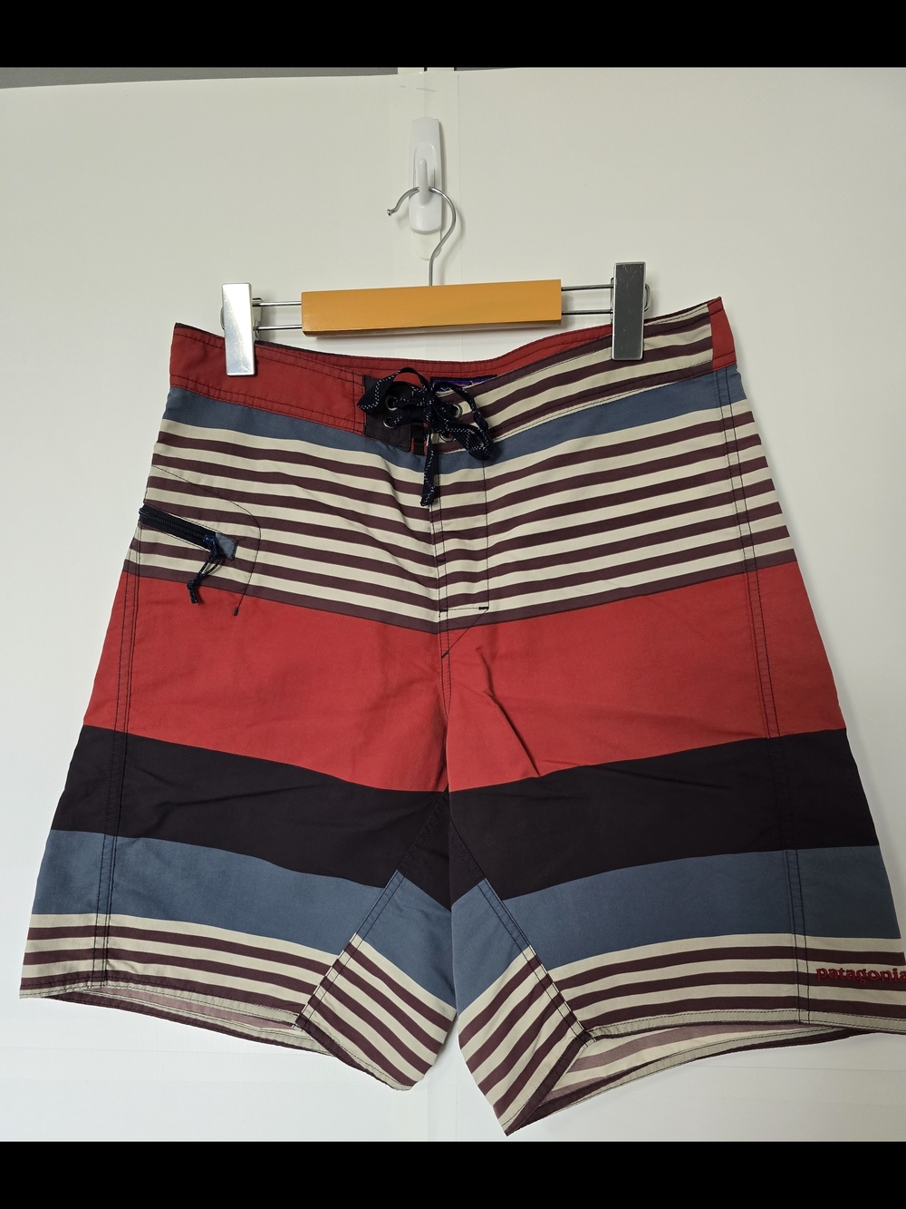 Patagonia Red, Blue and Black Striped Boardshorts